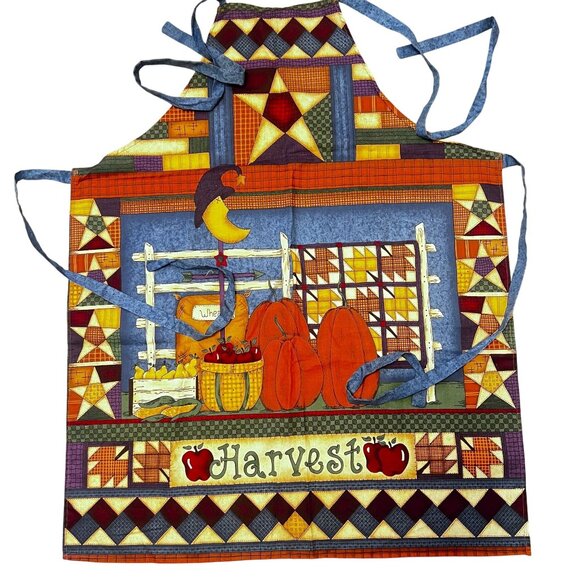 Vtg Harvest-Themed Apron Pumpkins Apples Moon Star Grannycore Familycore Cabin - Picture 1 of 8